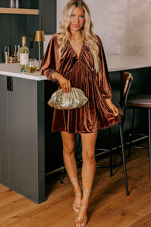 Luxe Velvet V Neck Bishop Sleeve Empire Waist Flared Mini Dress